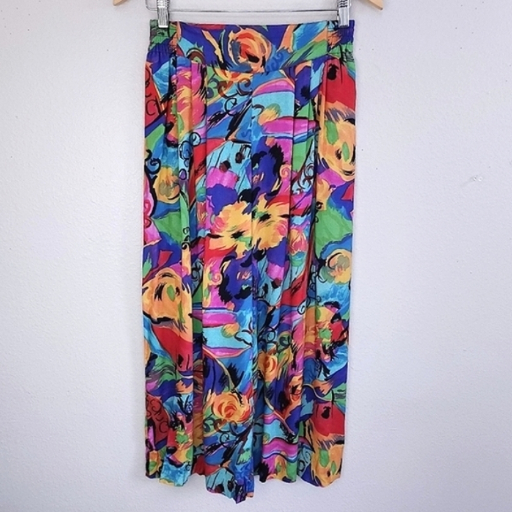 Vintage Joan Walters Floral Cropped Pants MEDIUM Flowy Wide Leg Boho